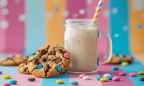 彩色条纹背景上的美味饼干和一罐牛奶