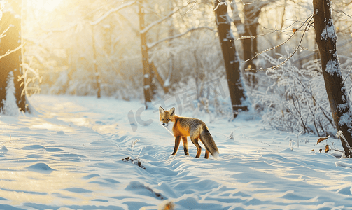 uc狐狸摄影照片_冬季多雪森林中的红狐狸