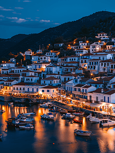 希腊斯科派洛斯岛斯科拉港的夜景