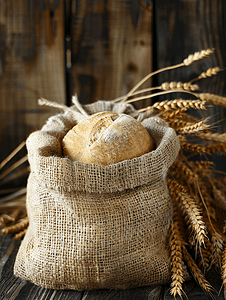 木制背景上的特写面包、麦穗和麻袋