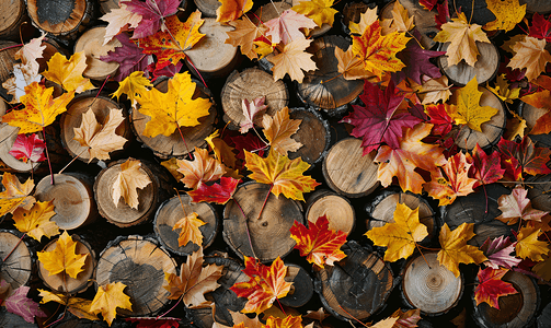 多彩的秋叶和锯木