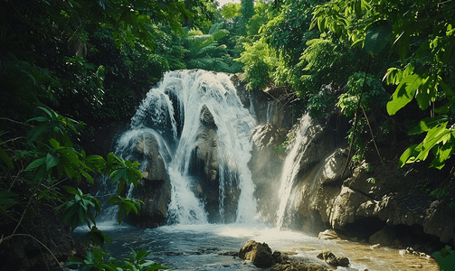 壶口瀑布手绘摄影照片_热带森林瀑布丛林瀑布