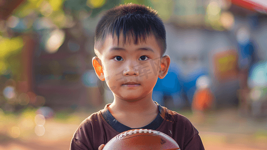 运动小男孩摄影照片_拿着美式足球的小男孩摄影5