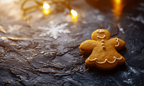 棕色的圣诞背景摄影照片_深色水泥桌上的圣诞自制姜饼天使剪影