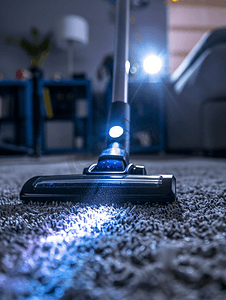 电器主图摄影照片_无绳吸尘器的涡轮刷近距离清洁房屋内的地毯