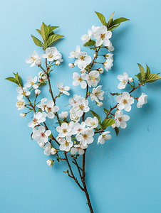 蓝色背景中樱花盛开的枝条的春日花束