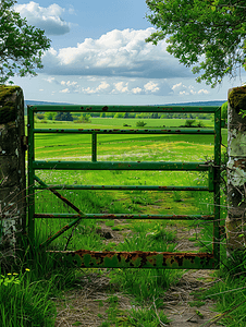 通向绿色田野的大绿色金属门