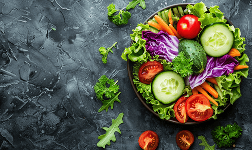 绿色蔬菜沙拉配番茄紫甘蓝胡萝卜黄瓜和生菜顶视图