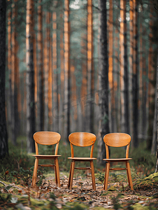 松树林背景上三把独特的椅子独特自然的概念符号