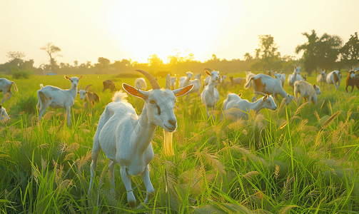 草地里的人摄影照片_泰国华富里日落时在草地上散步的山羊群