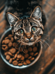 木质背景碗中的猫食