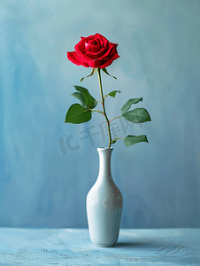 蓝色背景灰色陶瓷花瓶中的单朵红玫瑰带复印空间