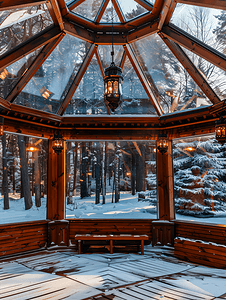 灯笼汤圆摄影照片_冬季户外棕色木质凉亭内带灯笼的玻璃天花板