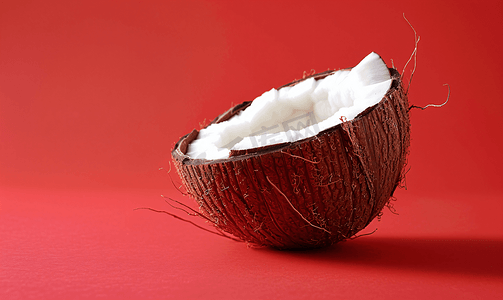 天然凉爽摄影照片_红色背景上一半的新鲜生椰子