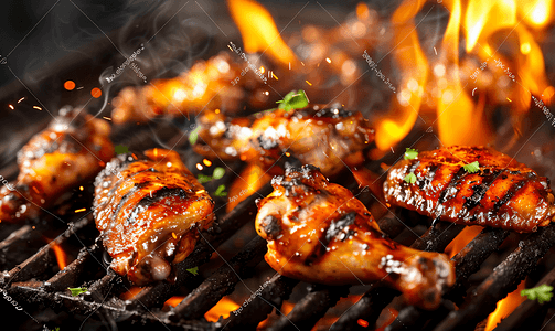 烤鹅摄影照片_烤鸡翅烤架上放有香料在火上烧烤