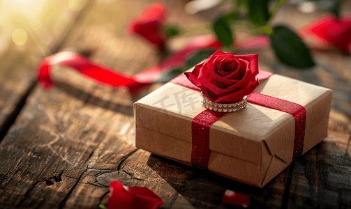夏季新品上市促销摄影照片_木桌上有红丝带环金花玫瑰的礼盒