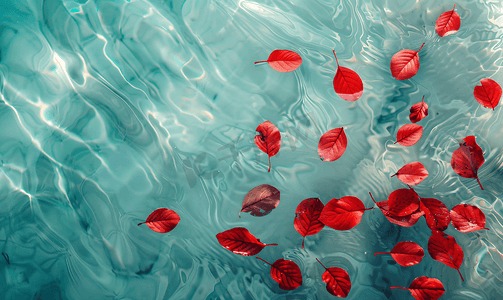 清澈大海摄影照片_红叶漂浮在清澈的大海上复制空间自然之美