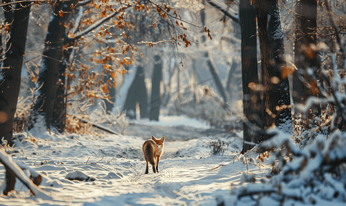 冬季多雪森林中的红狐狸