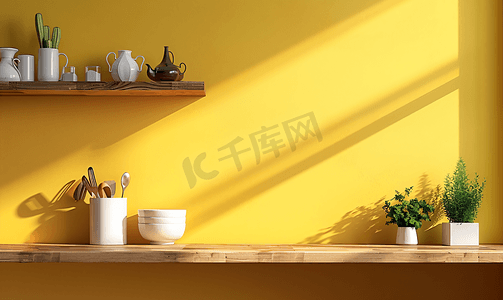 厨房桌面背景摄影照片_厨房内部厨房位于木架和黄色墙壁上