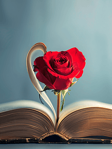 日记页摄影照片_书页弯曲的心形和红玫瑰