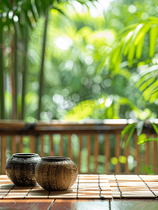 顶桌与模糊葫芦树背景竹桌