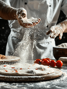 厨厨师帽通摄影照片_厨师在新鲜的披萨面团上撒面粉