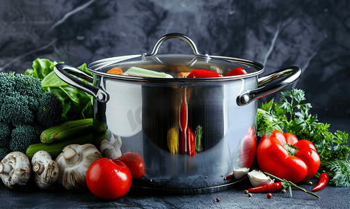 金属汤锅配汤料、蔬菜和肉类
