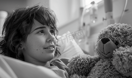 病态图片摄影照片_在医院房间黑白相片中带着泰迪熊的女