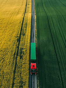 油菜田间道路上的红色和绿色卡车