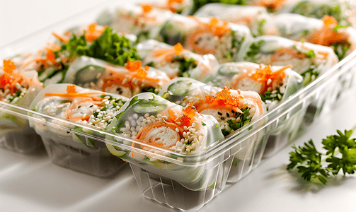 透明塑料盒中塞满蟹棒的沙拉卷或沙拉卷
