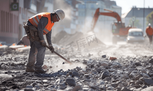 工人收集石头小伙子清理建筑垃圾破碎的沥青