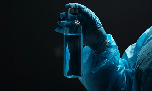 一位医生拿着一个装满蓝色液体的小瓶戴着乳胶手套用黑色隔离