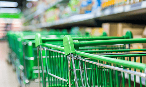 绿色购物篮子摄影照片_超市里排成一排的绿色购物车