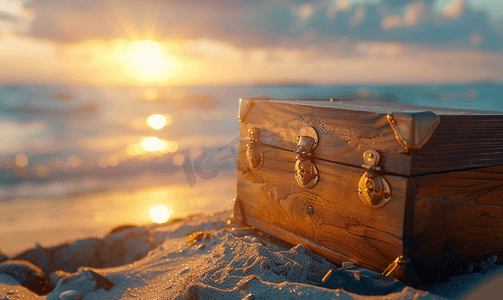 蓝色宝箱摄影照片_阳光海滩上的木制宝盒