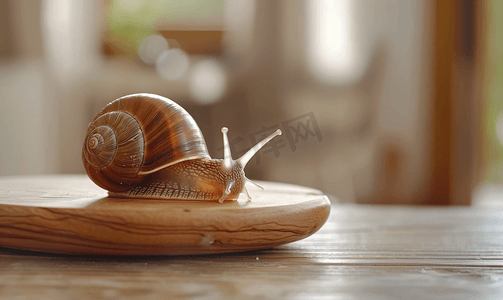 蜗牛小摄影照片_特写小棕色蜗牛在木板上慢慢移动