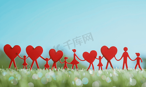 爱情主题字摄影照片_世界卫生日成人和儿童手牵红心医疗保健爱情和
