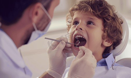 牙齿大暑摄影照片_医生检查一个小病人的牙齿