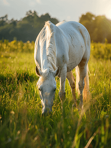 白马在农田草地上吃草