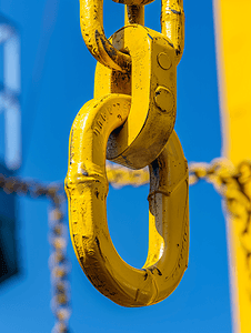 钢工厂摄影照片_工厂桥式起重机的黄色钩和链条