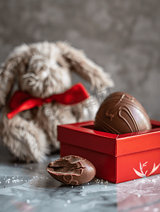 红色盒子里有半个巧克力复活节彩蛋和背景中的毛绒兔子