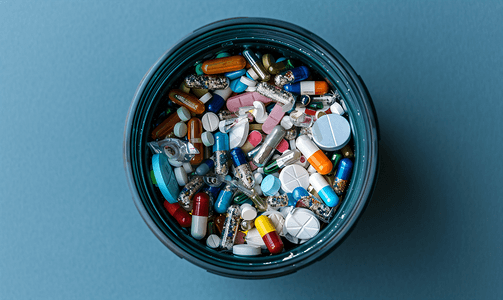 医疗医疗垃圾摄影照片_装有药丸的垃圾箱不同包装药品的浪费顶视图