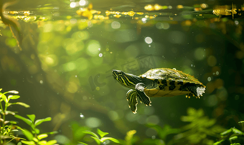 快乐水摄影照片_蛇颈龟在绿色浑浊的水中游泳