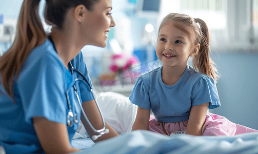 在病房里护士的床上照顾小女孩其背景模糊医疗保健概念