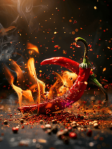 红色火焰燃烧摄影照片_在深炸辣椒中燃烧辣椒青椒