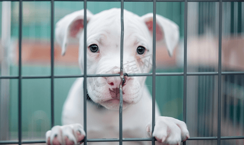 关在笼子里的白色比特犬小狗