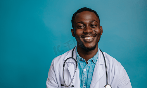 身穿大衣和听诊器的非洲帅哥医生在蓝色背景上微笑