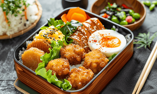 日式菜单背景摄影照片_日式便当盒内含蛋块、毛豆和照烧香肠