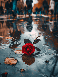 运动鞋摄影照片_在路人的背景下一朵玫瑰躺在水坑里