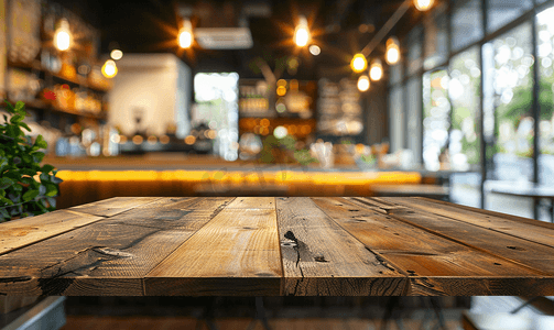 顶桌与模糊餐厅背景木桌