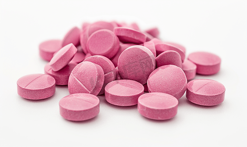 痤疮治疗摄影照片_白色背景中含有多种维生素的粉红色药丸